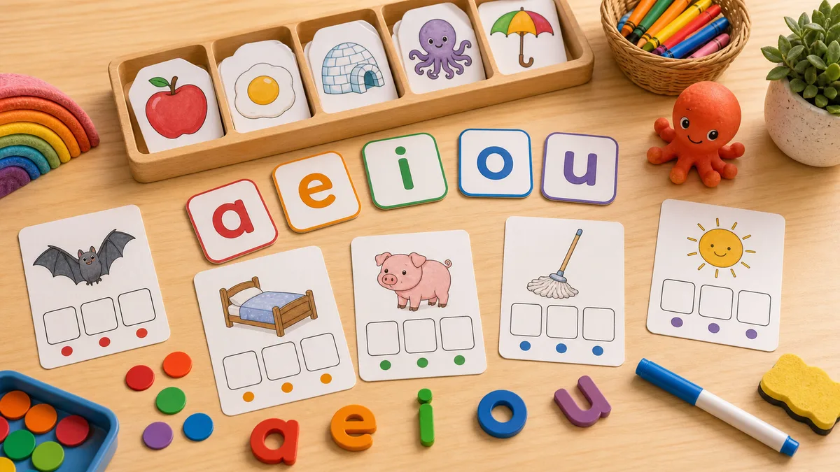 Custom illustrated kindergarten short vowel phonics table with CVC picture cards, vowel tiles, sound boxes, and crayons