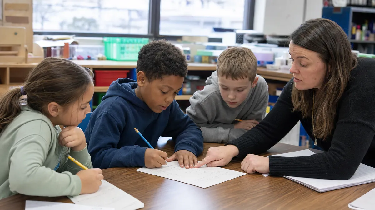 A U.S. elementary student marks a correction on math work while a teacher and classmates review the reasoning.