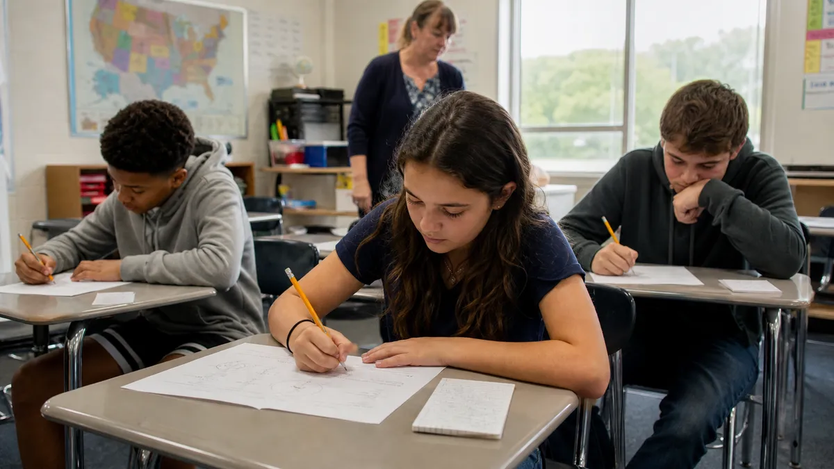 U.S. middle-school students use limited note cards during a classroom assessment while a teacher monitors.