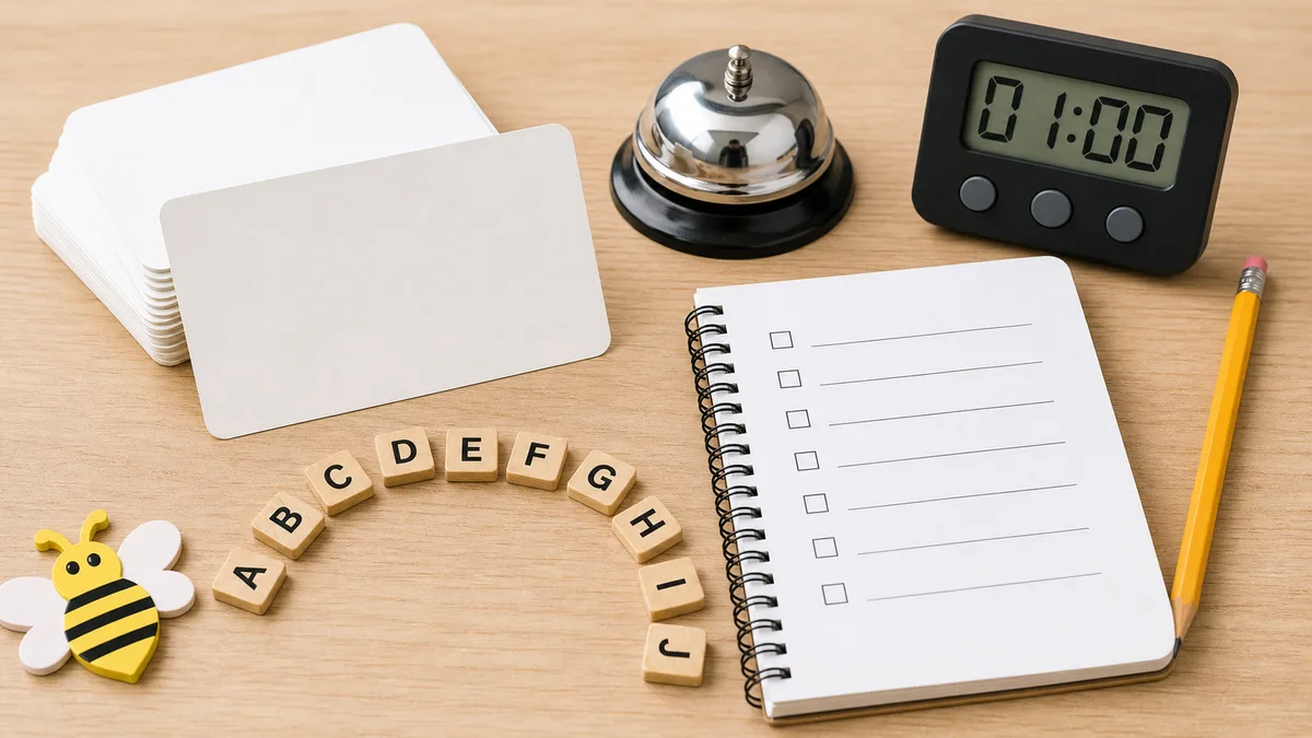 Neutral tabletop with blank flashcards, small bell, timer, letter tiles, pencil, and empty spelling practice checklist