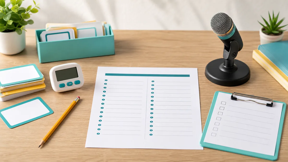 Neutral classroom tabletop with blank spelling bee practice sheet, timer, pencil, word cards, checklist, and microphone prop