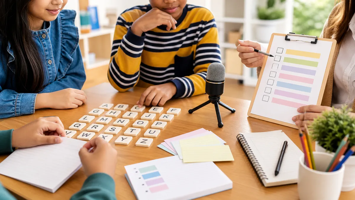 Children practicing spelling bee rules with word cards and a classroom microphone
