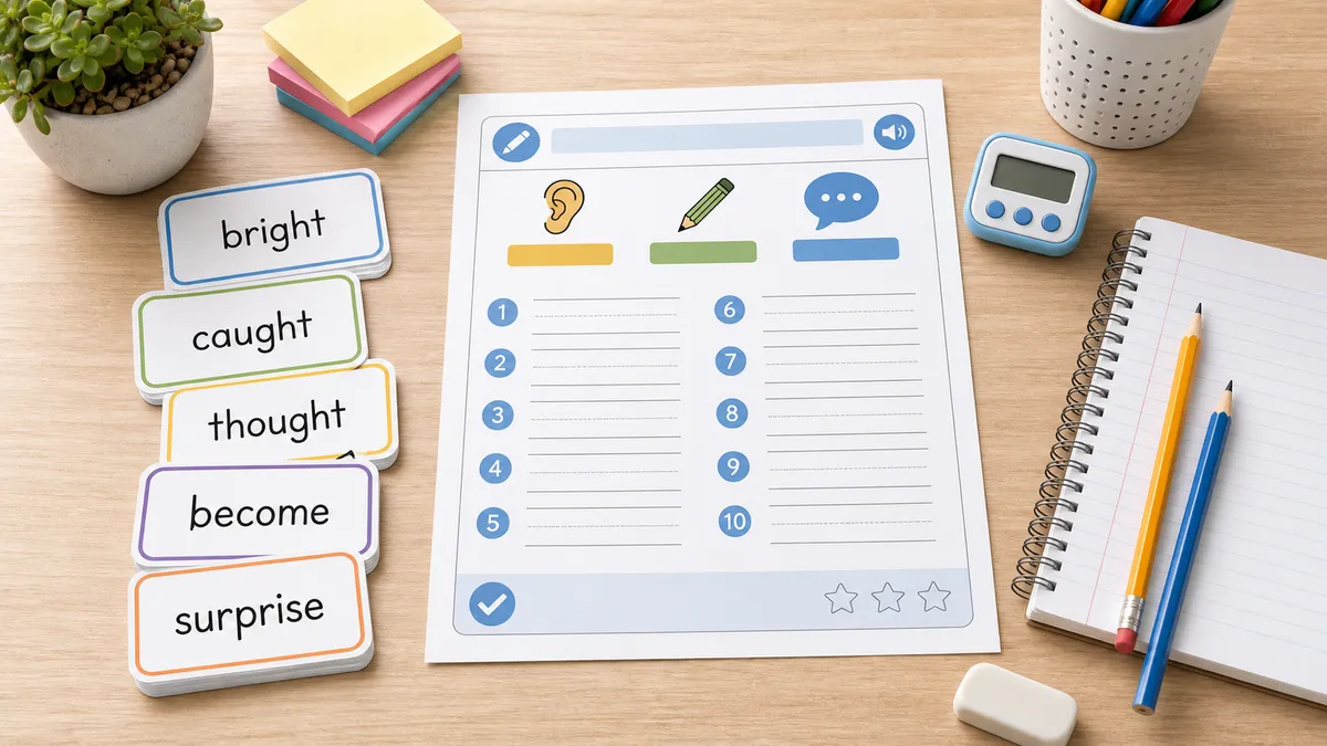 Neutral tabletop with spelling dictation worksheet, word cards, notebook, timer, pencils, and sticky notes