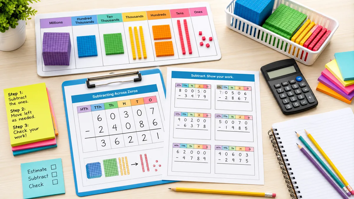Neutral math desk with place-value chart, multi-digit subtraction worksheets, base-ten blocks, and pencils
