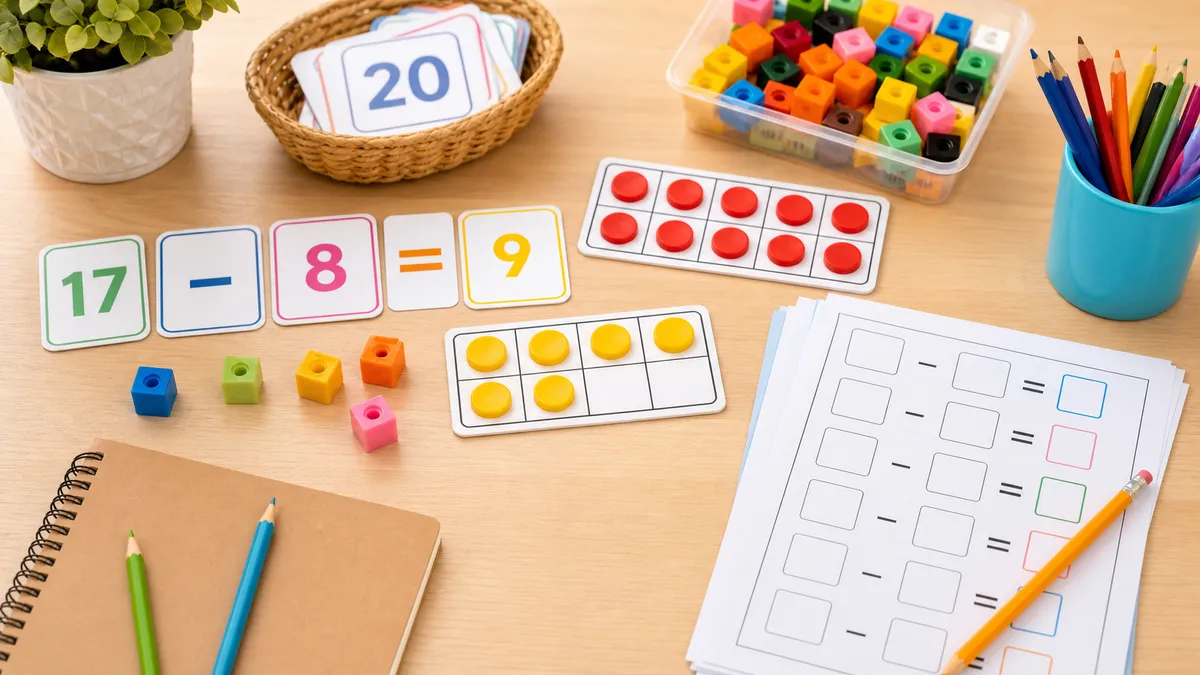 Neutral math desk with ten-frame counters, subtraction fact cards, pencils, and worksheet pages