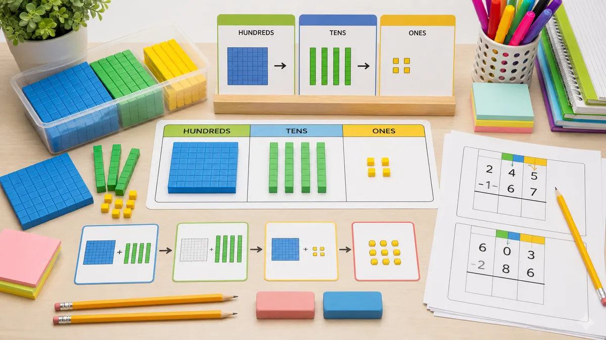 Neutral desk with base-ten blocks, place-value mats, regrouping cards, pencils, and subtraction worksheets