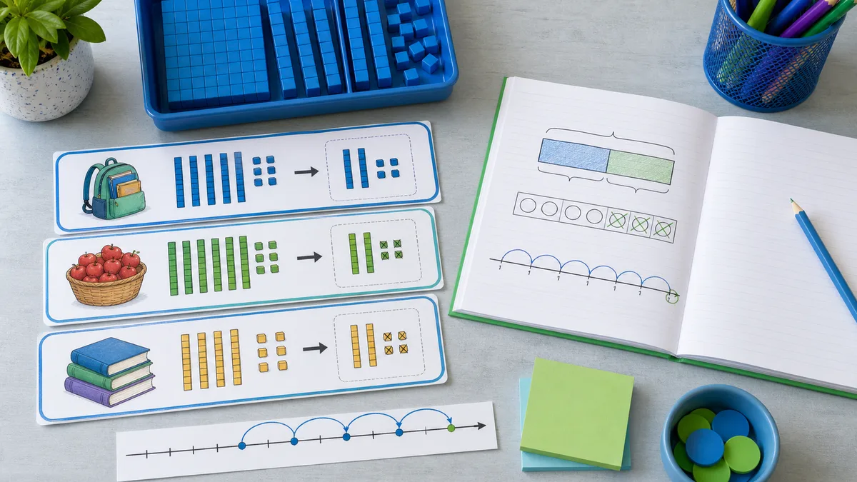 Custom illustrated grade 2 subtraction word problem desk with base-ten blocks, number line strip, story cards, open notebook, and colored pencils