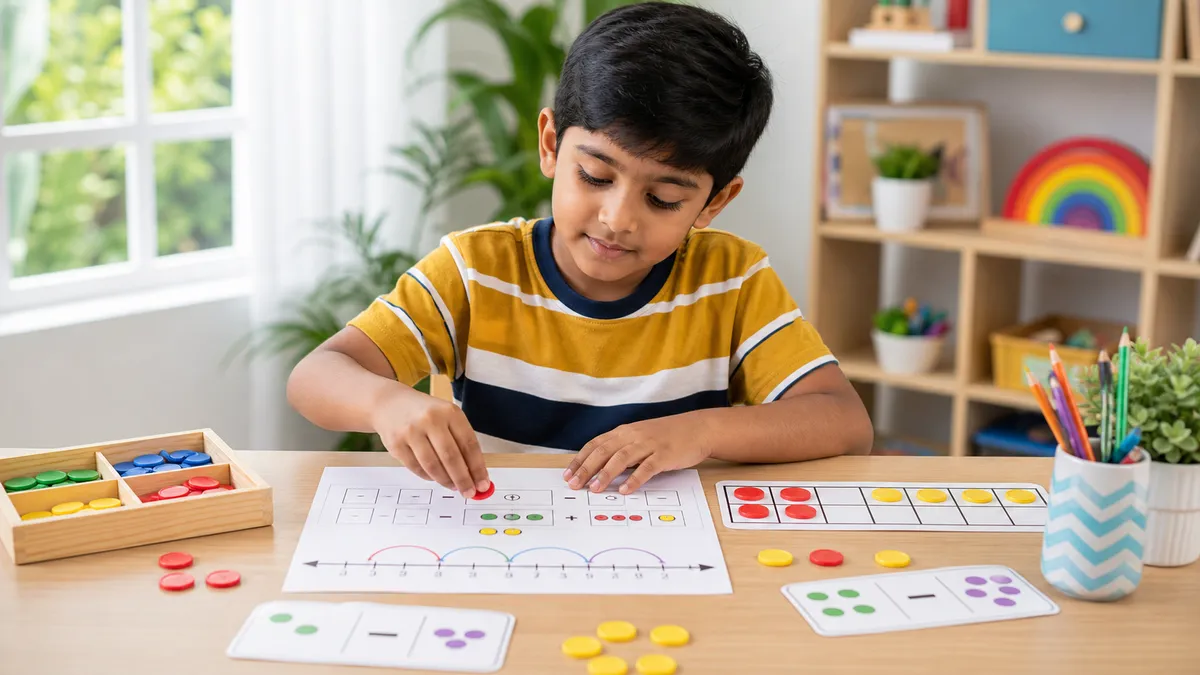 Child practicing Grade 1 subtraction worksheets with counters and number lines