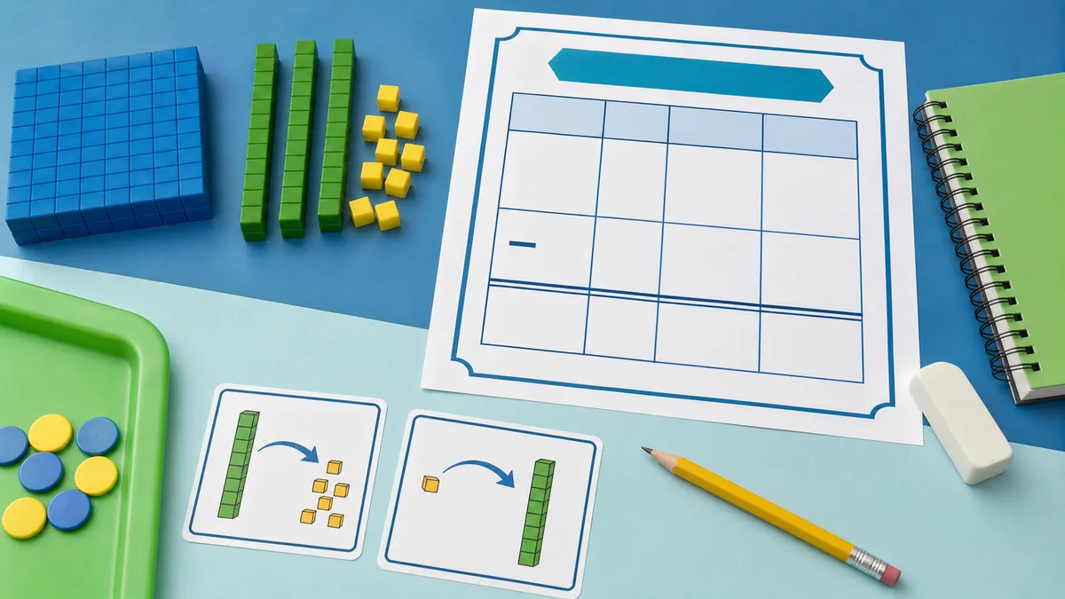 Custom illustrated grade 3 subtraction worksheet desk with base-ten blocks, regrouping cards, blank column subtraction page, pencil, and counters