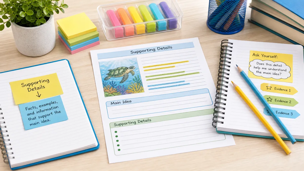 Neutral reading worksheet desk with highlighted supporting details, sticky notes, notebook, and pencils