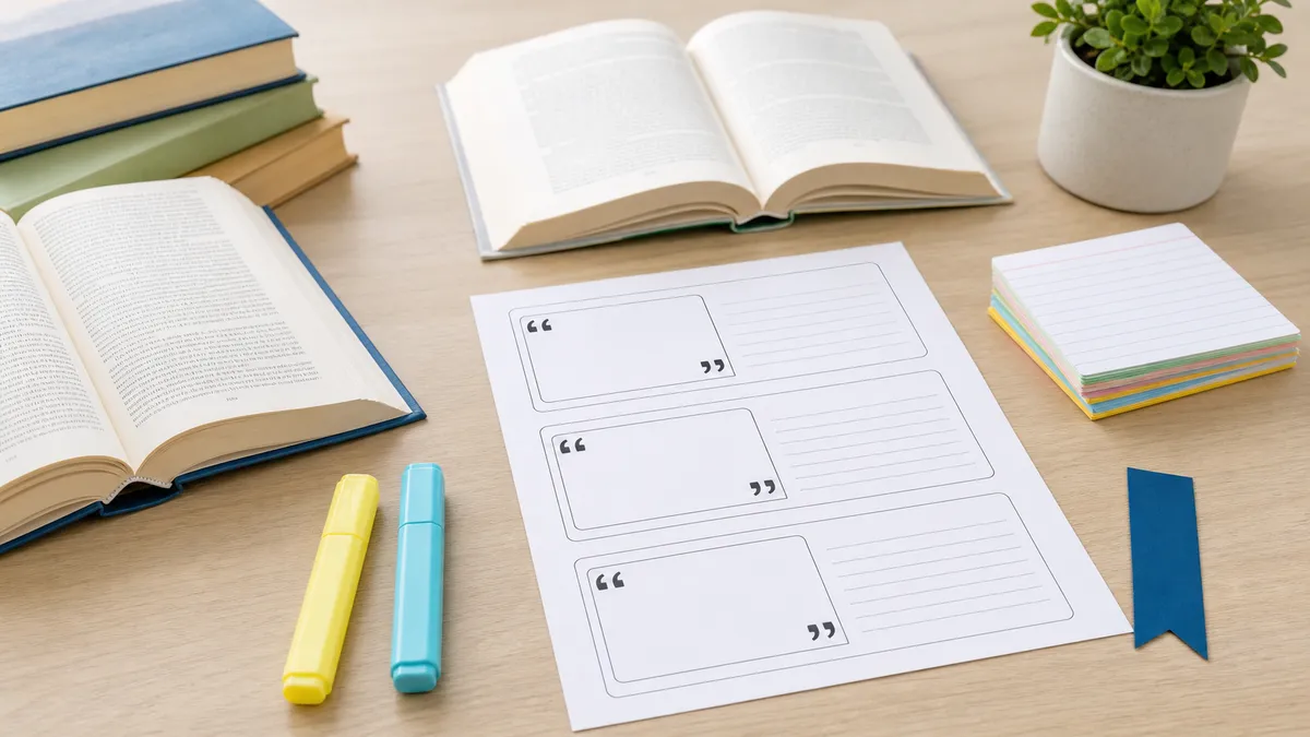 Neutral books, blank answer worksheet, highlighters, index cards, and bookmark on a clean desk