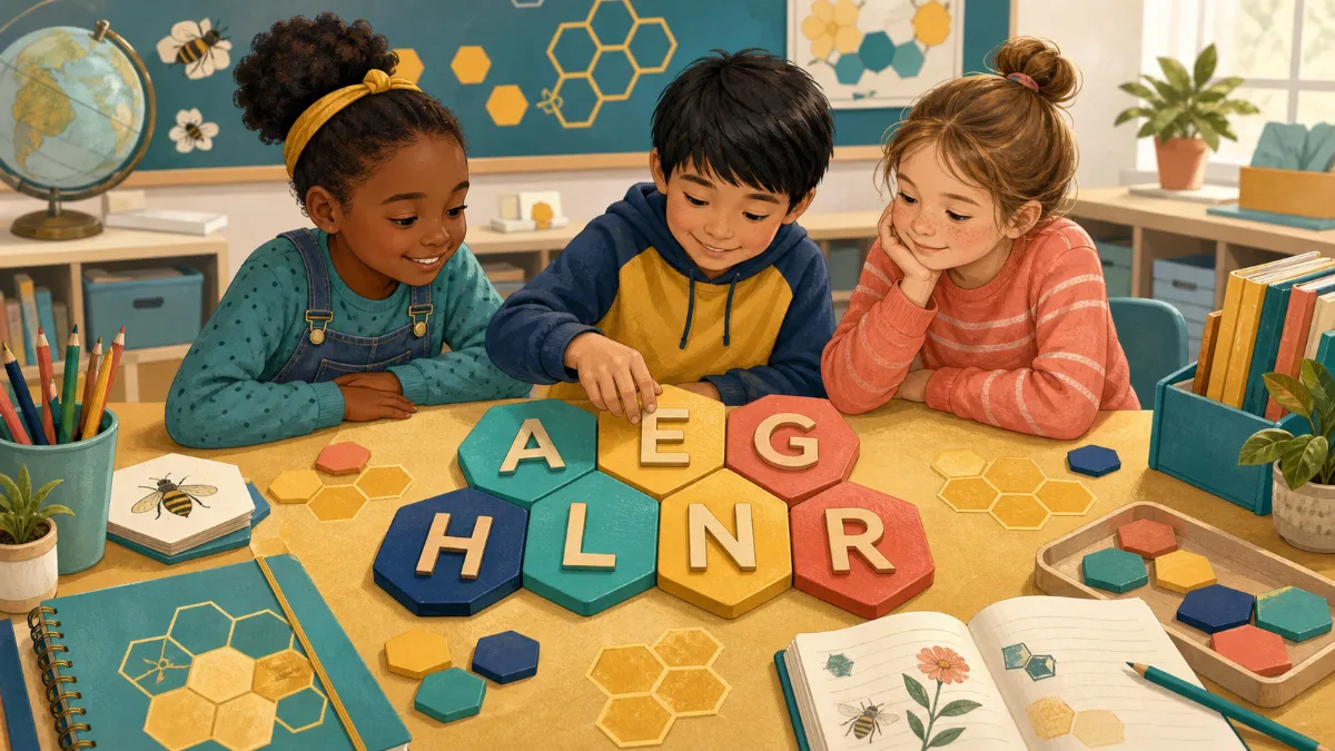 Children arranging seven letter tiles during a pangram word challenge