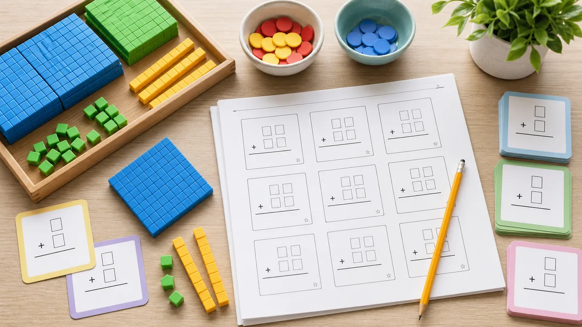 Neutral tabletop with base-ten blocks, worksheet boxes, pencils, and counters for two-digit addition practice