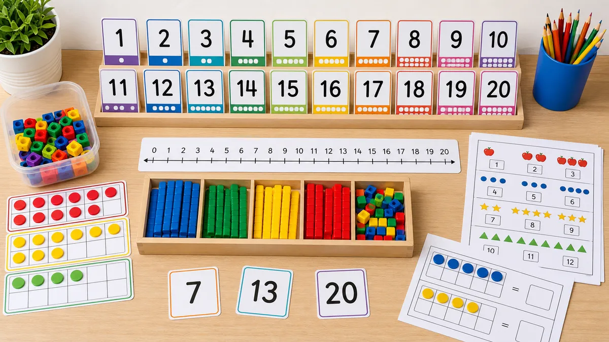 Neutral tabletop with UKG counting cards, ten-frame mats, number line, worksheets, and small math manipulatives
