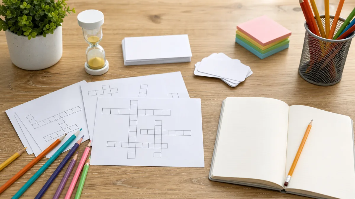 Neutral tabletop with blank vocabulary cards, blank puzzle grid, sticky notes, colored pencils, timer, and notebook