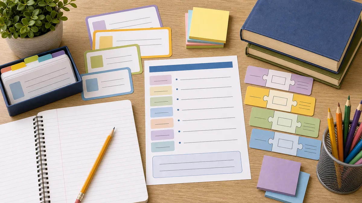 Custom illustrated grade 4 vocabulary worksheet desk with blank word cards, morphology puzzle pieces, sticky notes, notebook lines, pencils, and reference book