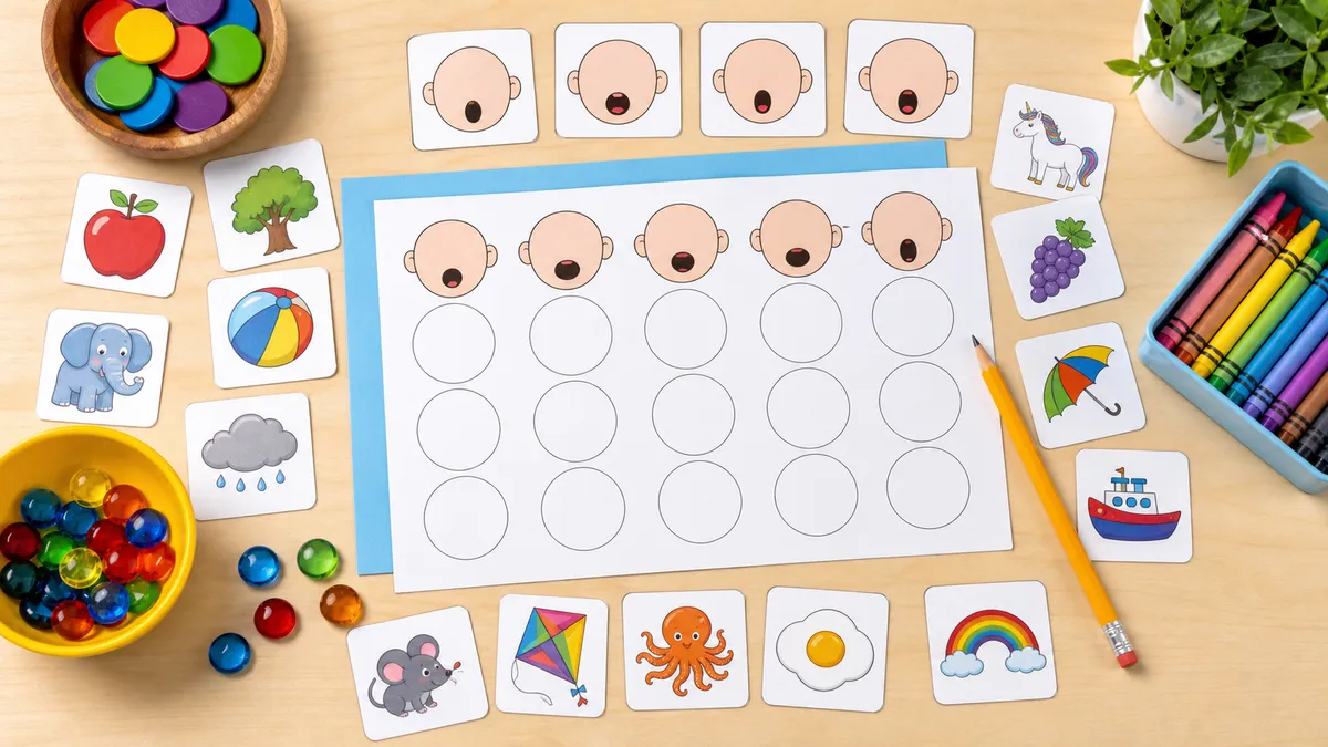 Vowel sound sorting practice with blank picture cards, counters, worksheet, pencil, and crayons