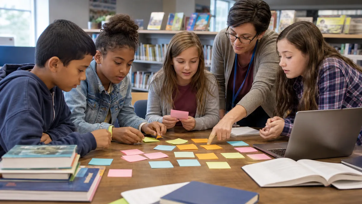 U.S. elementary students sort question ideas with a librarian during a school research project.