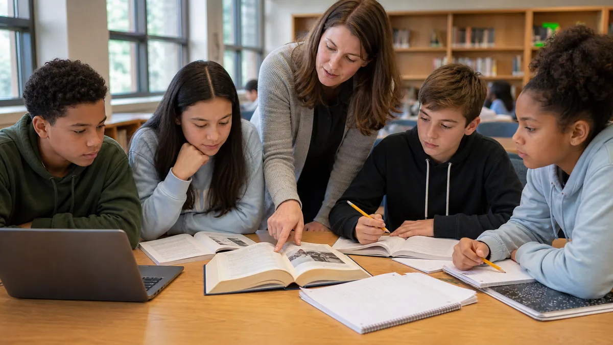 U.S. middle-school students and a teacher compare evidence from two books and a laptop in a school library.