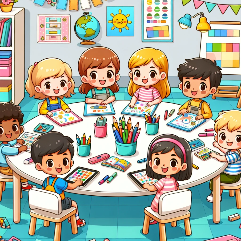 Kids aged 4-5 using tablets for digital worksheets at home