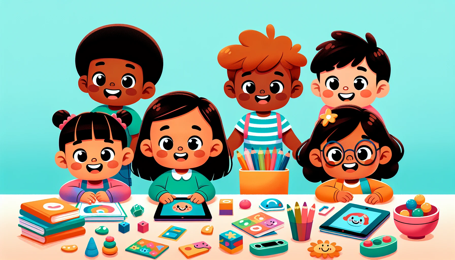 Diverse kindergarten students using diagnostic assessment tools in a bright classroom