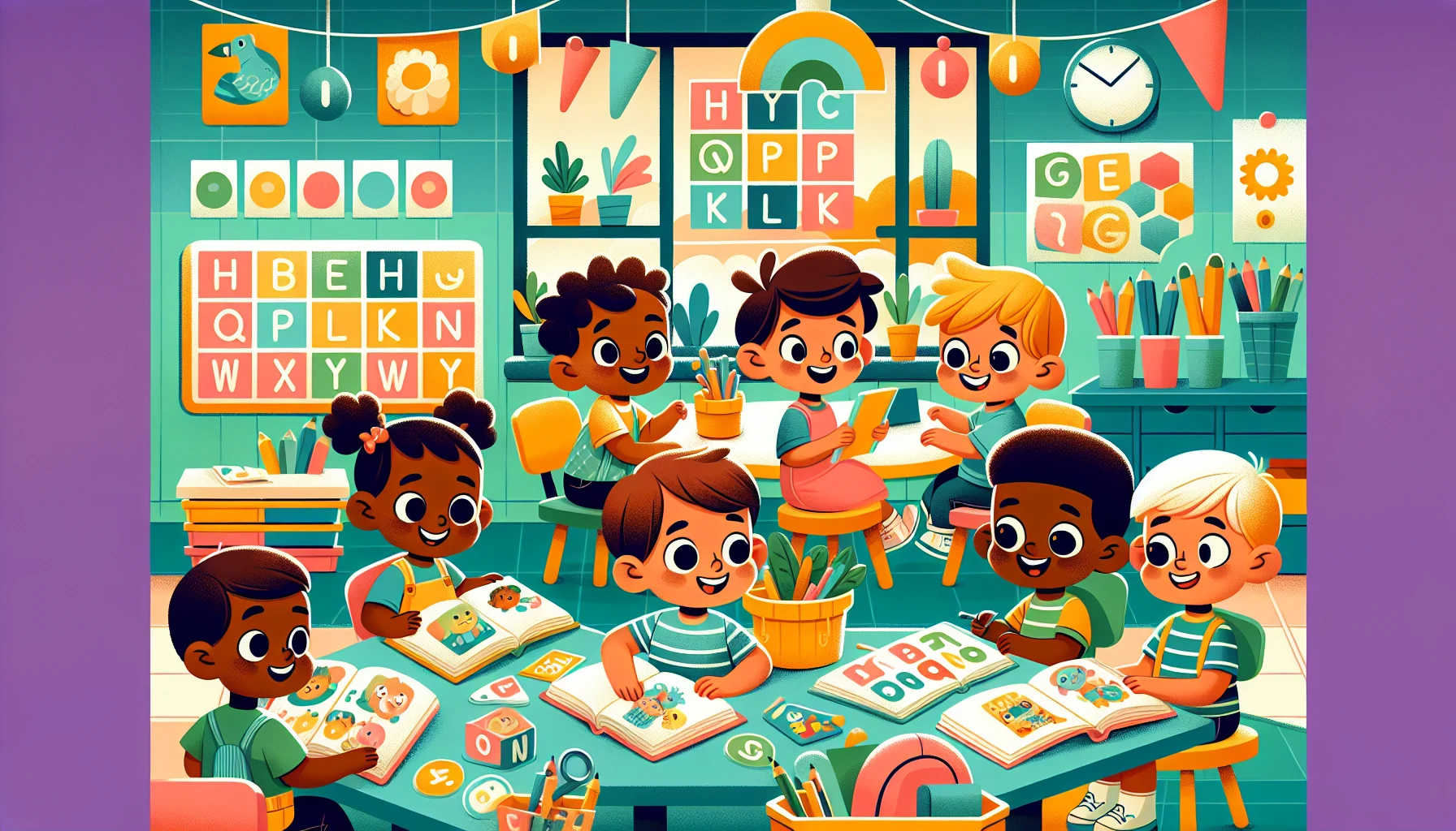 Diverse children aged 7-11 practicing spelling words in a bright classroom with flashcards and a whiteboard.