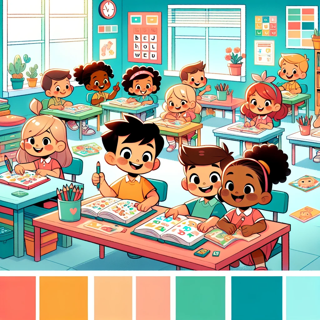 Elementary students aged 7-9 working on spelling worksheets in a classroom setting.