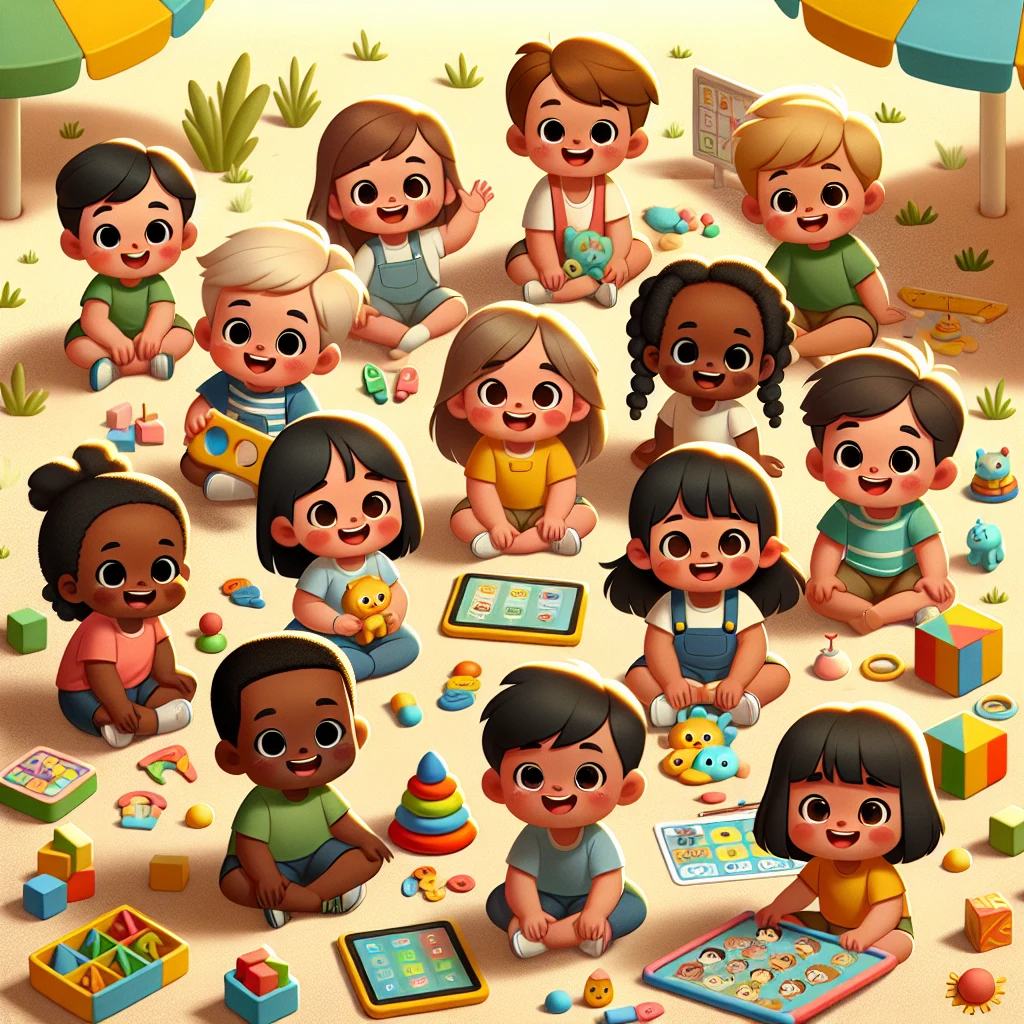 Diverse kindergarten students aged 5-6 in an outdoor learning activity with manipulatives.