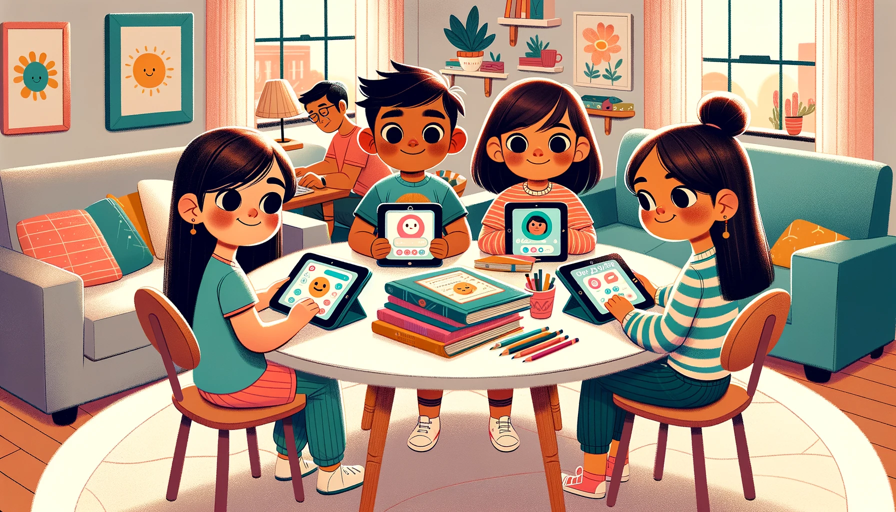 Diverse young children using AI tools for homework help at home