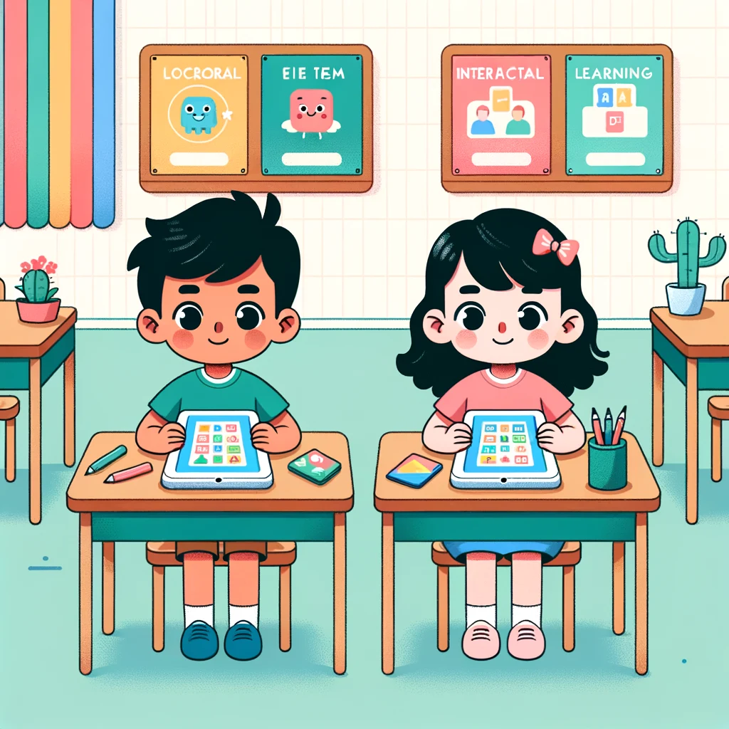 First-grade students using AI worksheets in a classroom