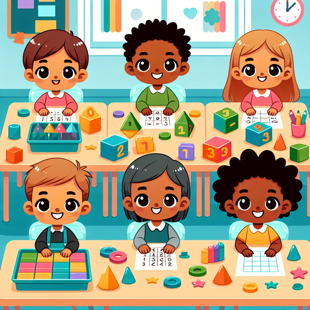 First-grade students solving addition with counting blocks in a classroom.