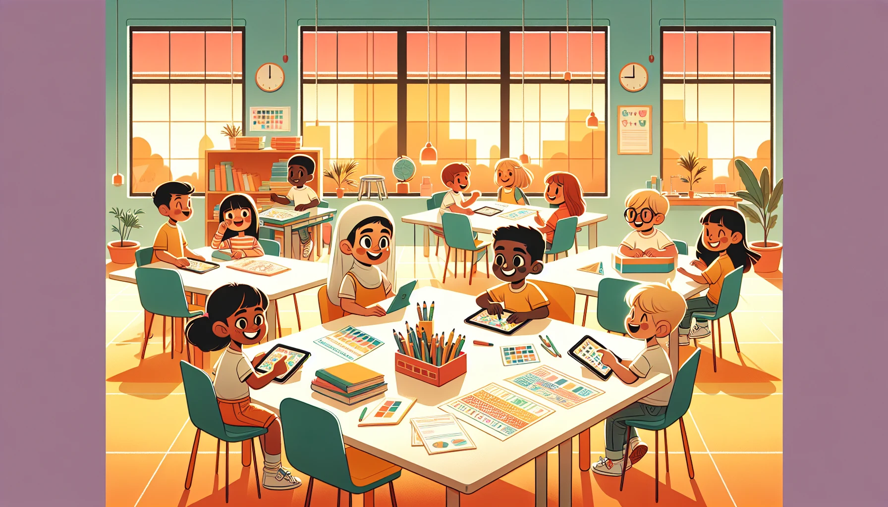 Diverse students aged 8-10 in a classroom working on exam practice sheets, focusing on accuracy.