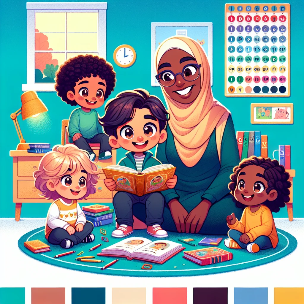 Parent and child reading together with educational materials in a living room