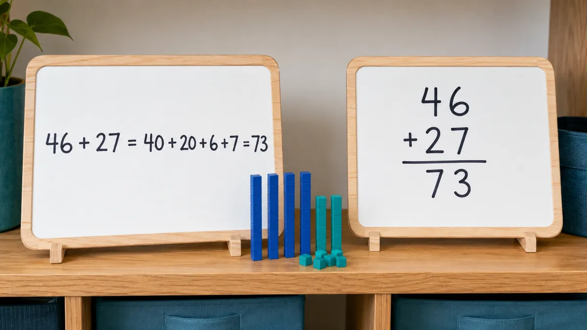 The same addition problem shown horizontally and vertically on two whiteboards