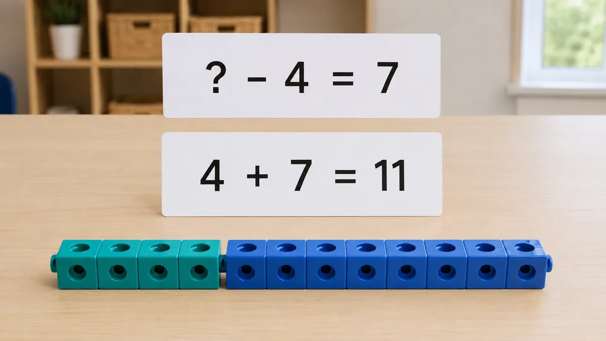 Missing minuend equation question mark minus four equals seven beside four plus seven equals eleven