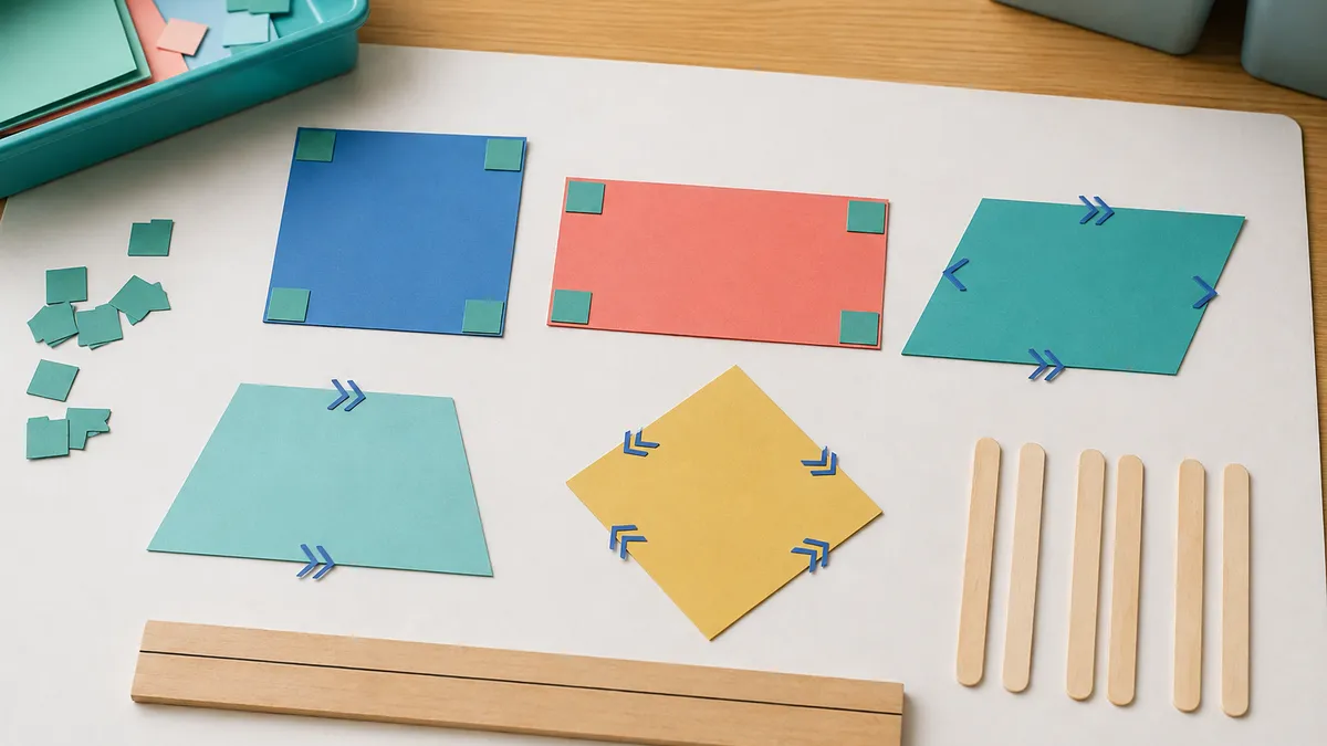 Quadrilateral property test using right-angle tiles, parallel-side marks, and craft sticks