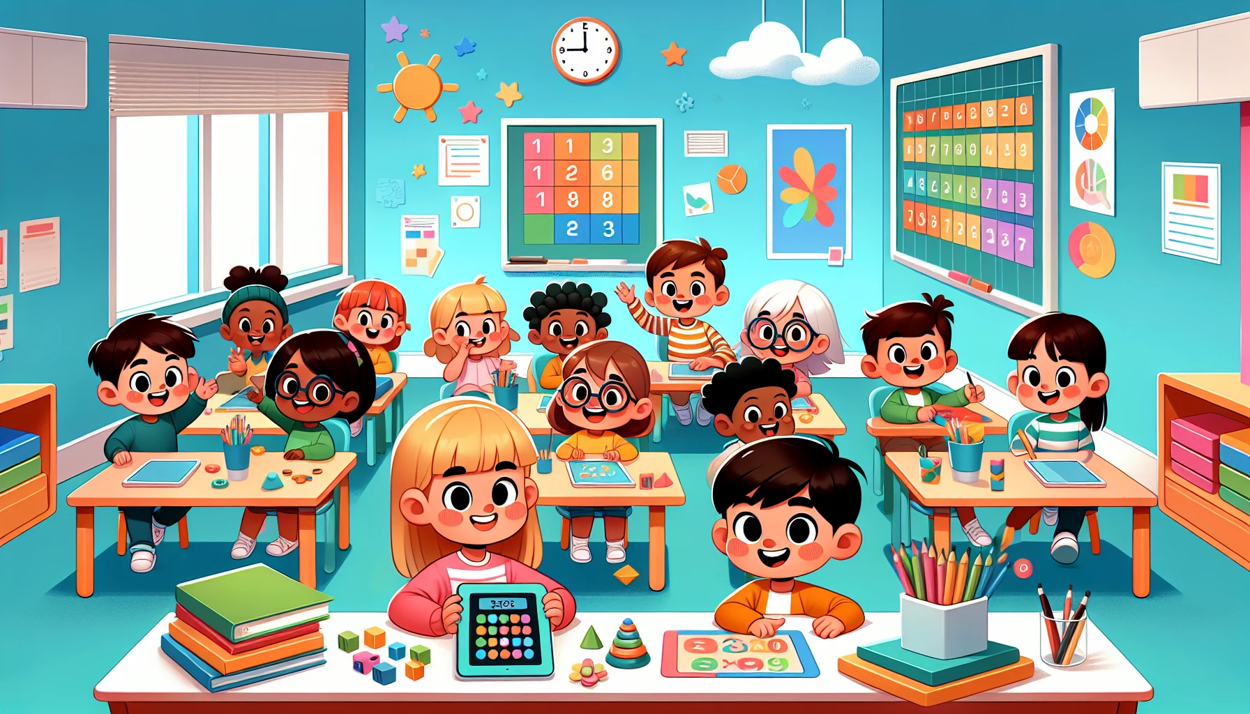 Diverse elementary students aged 6-10 working together on math problems using tablets and worksheets in a bright classroom.