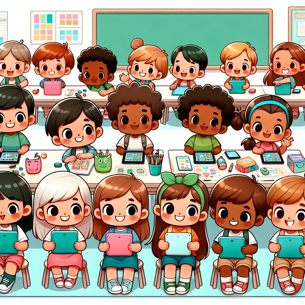 Second-grade students using digital worksheets for auditory learning