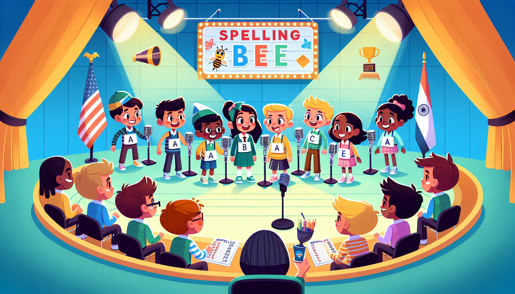 Elementary school children participating in a spelling bee competition with a judge and scoreboard