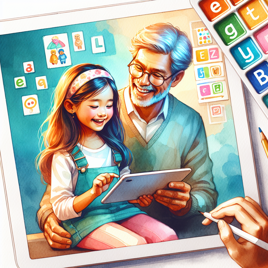 Child playing a spelling game with parental guidance