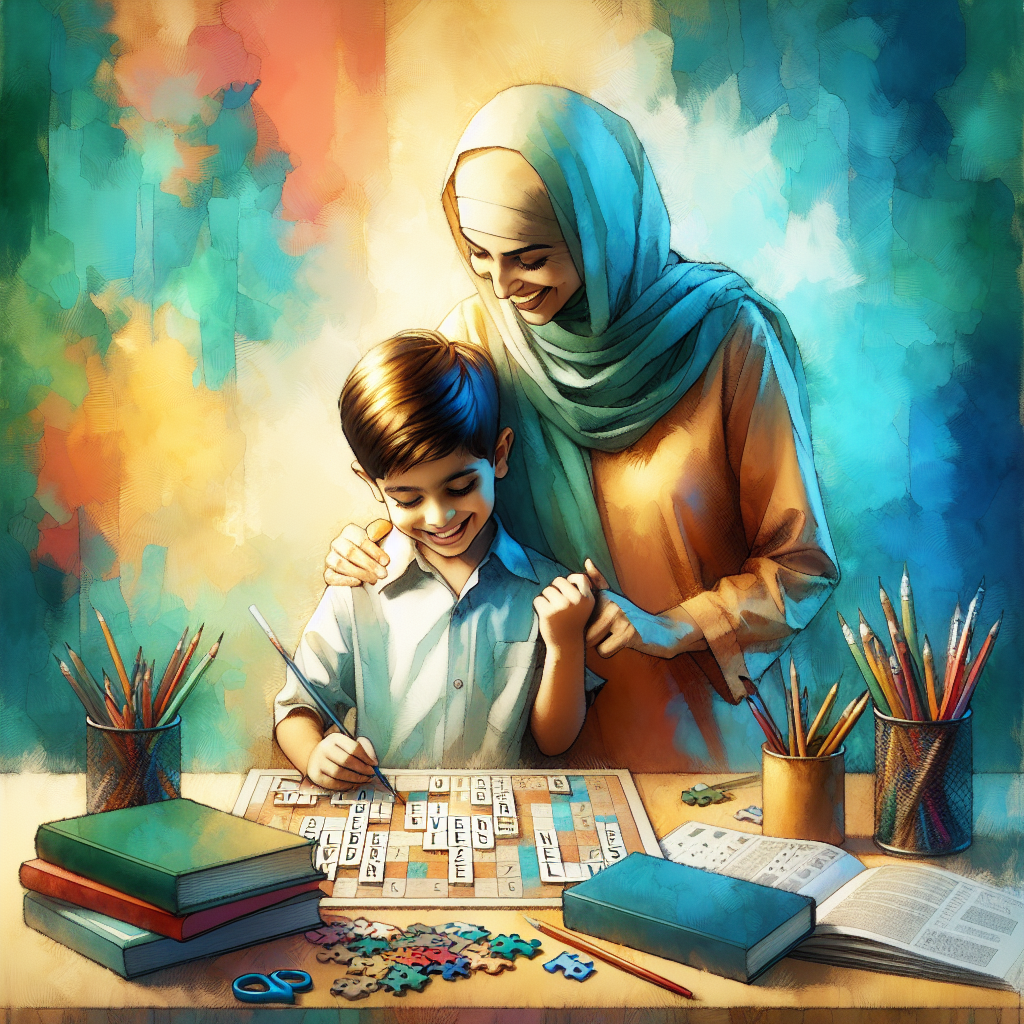 Child showing completed crossword to parent, surrounded by learning materials.