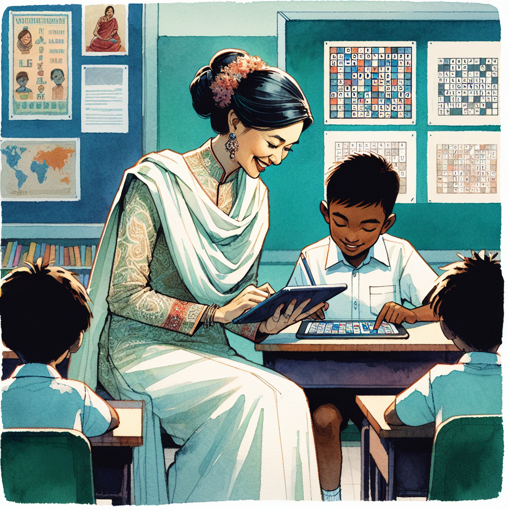 Teacher and student working on a tablet crossword, educational posters visible.