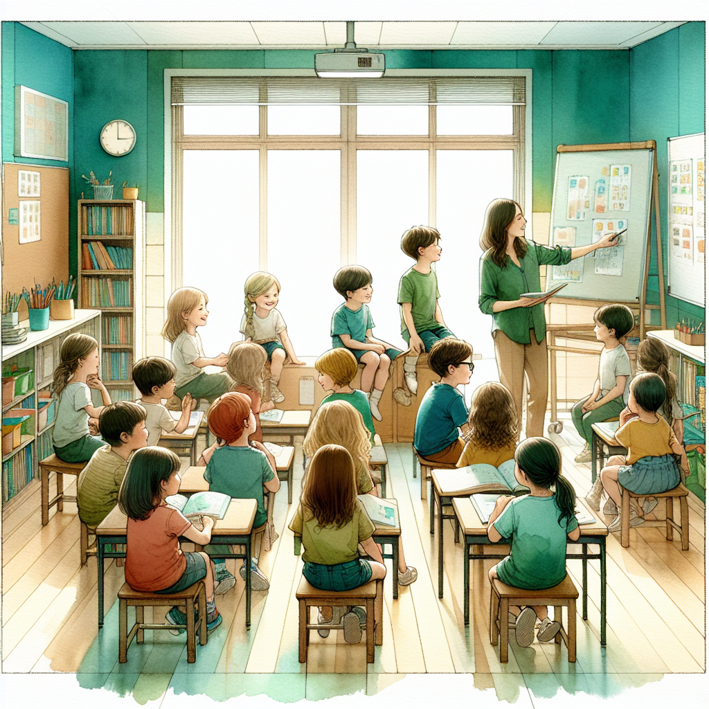 Teacher guiding students through spelling exercises in a classroom.