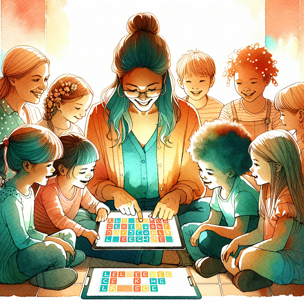 Children and parent engaged in a spelling game on a tablet.