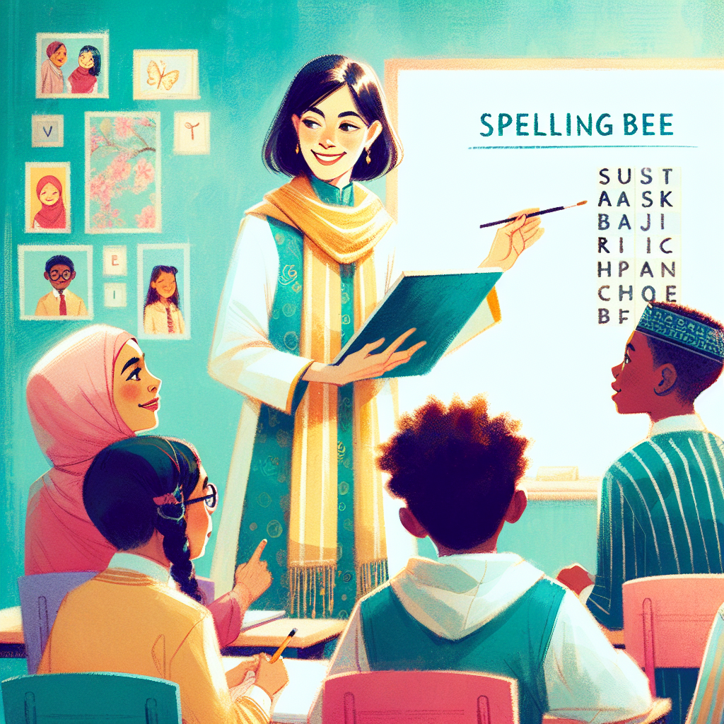 Teacher explaining spelling bee ranks using a whiteboard.
