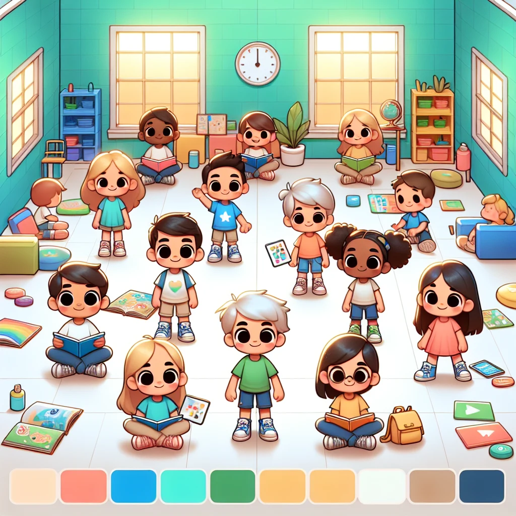 First-grade students engaged in group project using educational games.