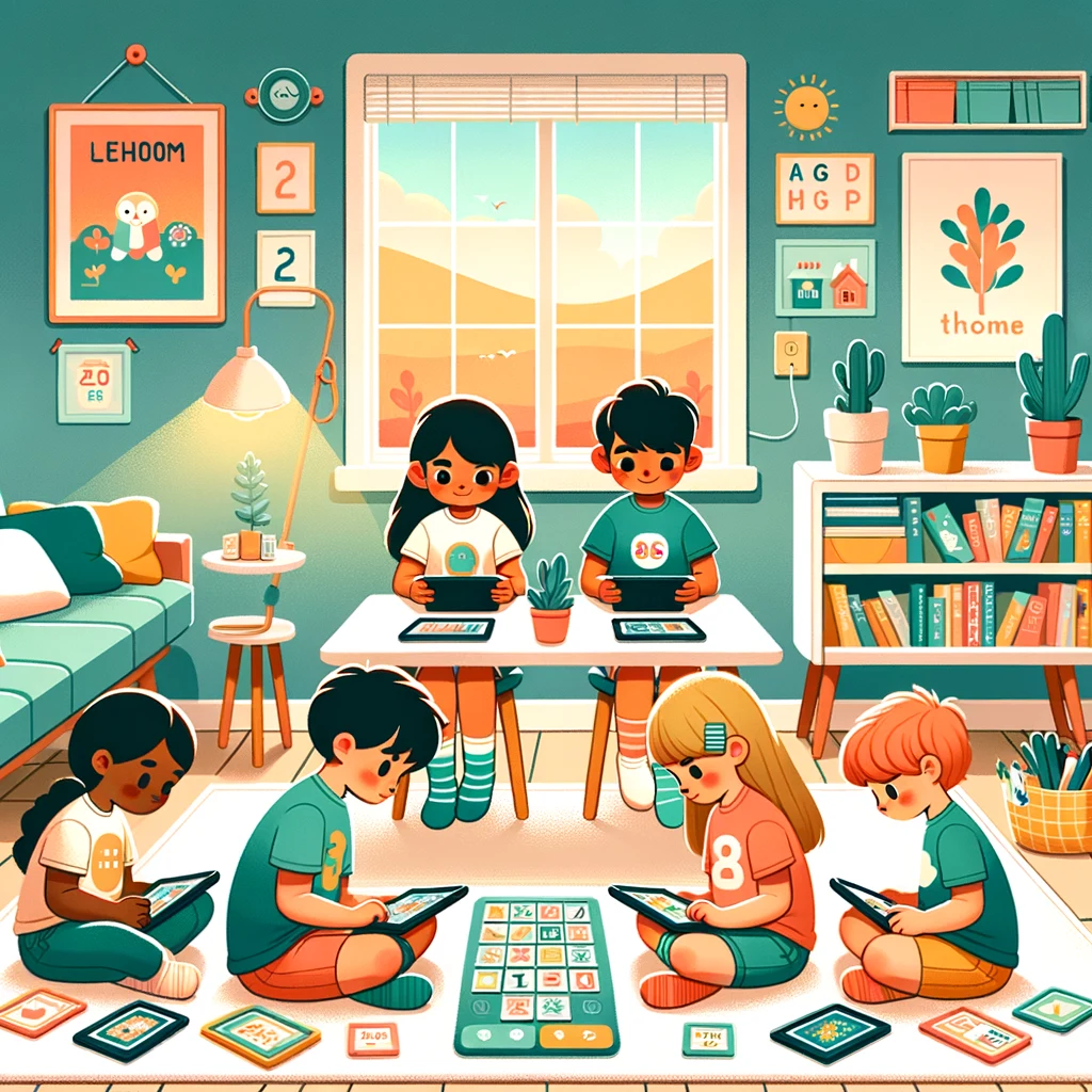 Children playing a memory game with tablets and flashcards at home