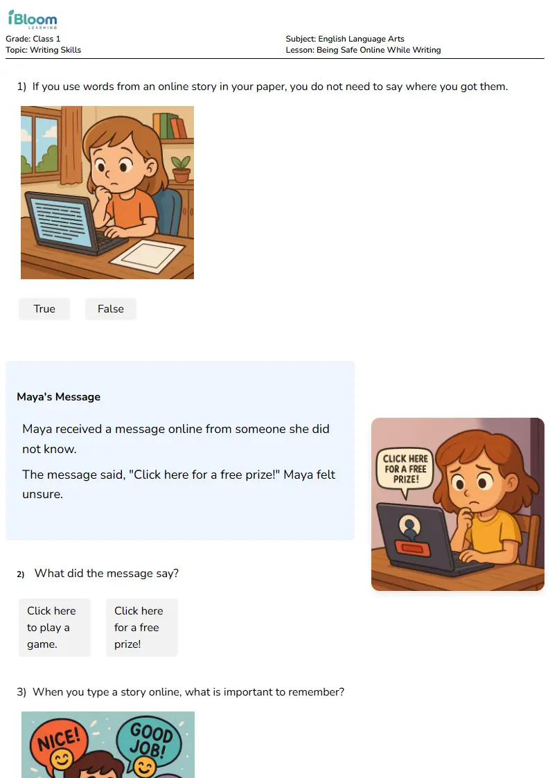Being Safe Online While Writing Lesson for Class 1