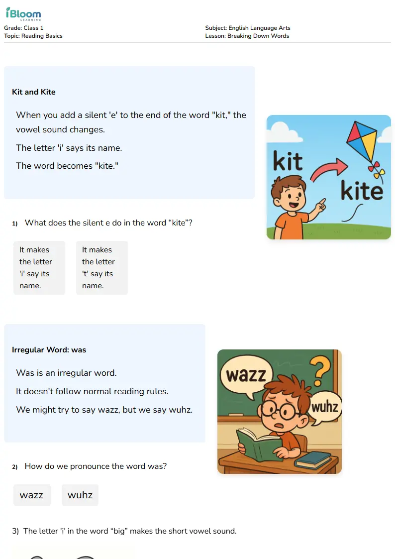 Breaking Down Words Lesson for Class 1