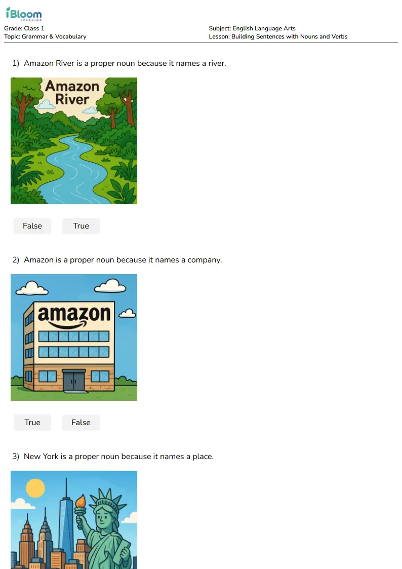 Building Sentences with Nouns and Verbs Lesson for Class 1